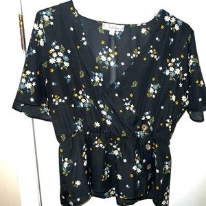 Black and Floral Sheer Peplum Top